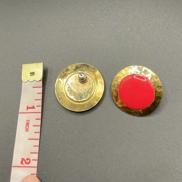 Hammered Gold Tone and Red Cherry Enamel Pierced Earrings - Picture 3 of 3